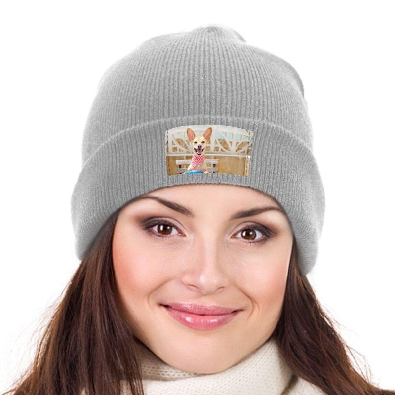 Personalized Photo Beanie Hat Custom Knitted Hats Gift-Light Gray