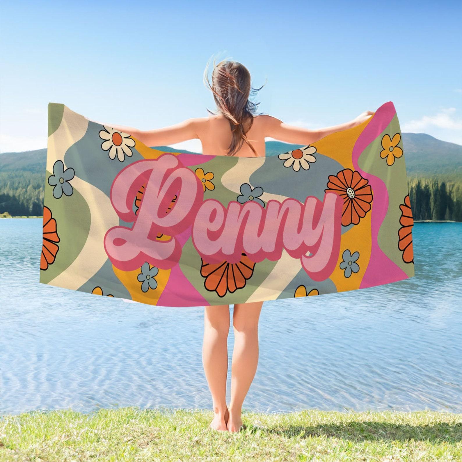 Custom Pink Flower Beach Towel,Personalized Bath Towel With Name,Pool Towel For Adults,Vacation Gift,Birthday Gift,Oversized Beach Towel - GiftLab - Image 2