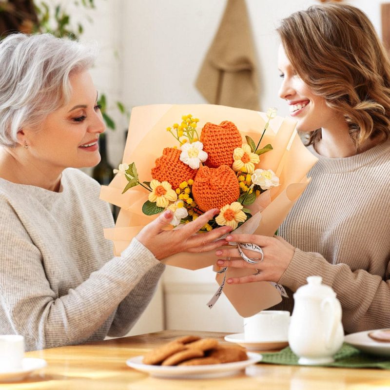 Crochet Flowers Bouquet Handmade Knitted Tulip Bouquet Gift for Mom