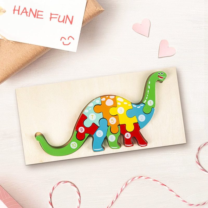 Wooden 3D Jigsaw Puzzle Dinosaur Number Block Puzzles Educational Learning Montessori Toys for Toddlers