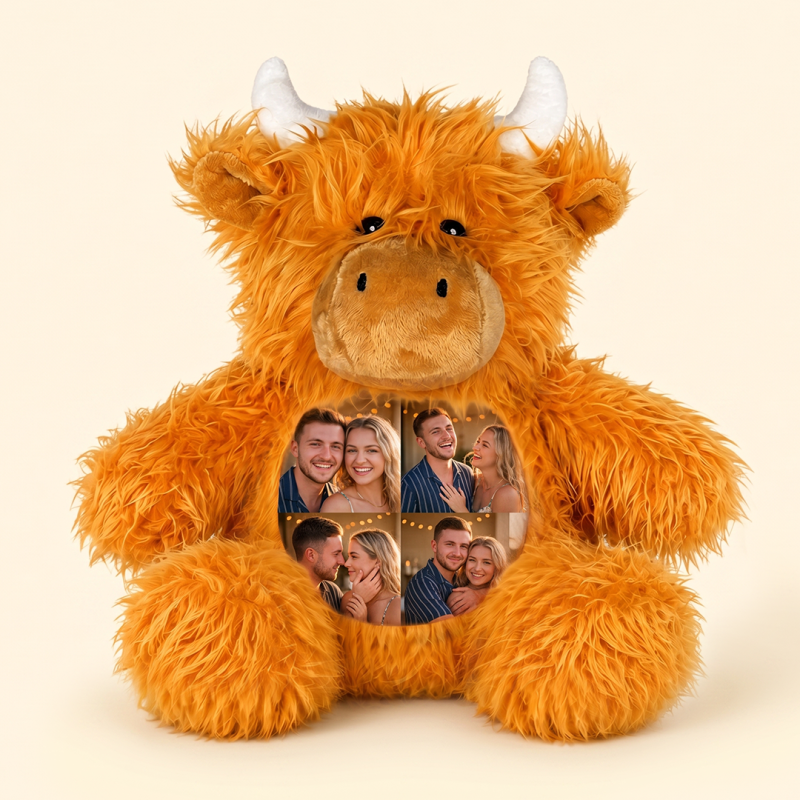 Custom Photo Highland Cow Plush Personalized Picture Collage Highland Cow Stuffed Animal Toy Fluffy Cow Plushie Couple Anniversary Gift For Her Him 6