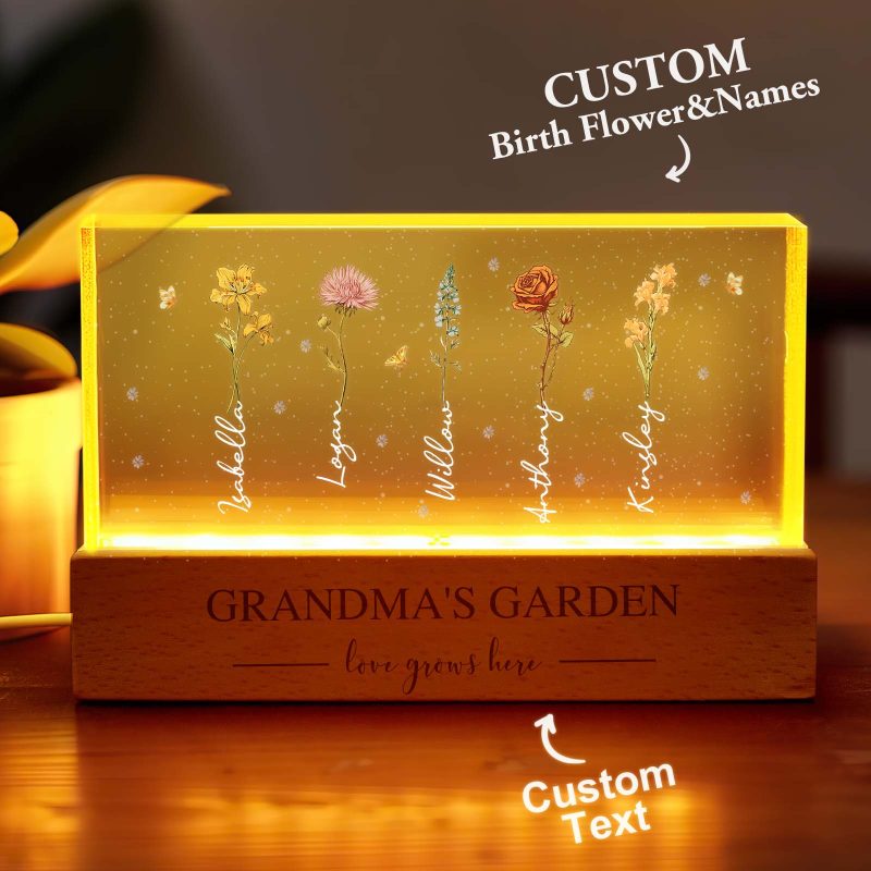 Grandma‘s Garden Birth Month Flowers Personalized Acrylic Block LED Night Light, A Heartfelt Gift for Grandma’s Birthday, Mother’s Day, or Just Because
