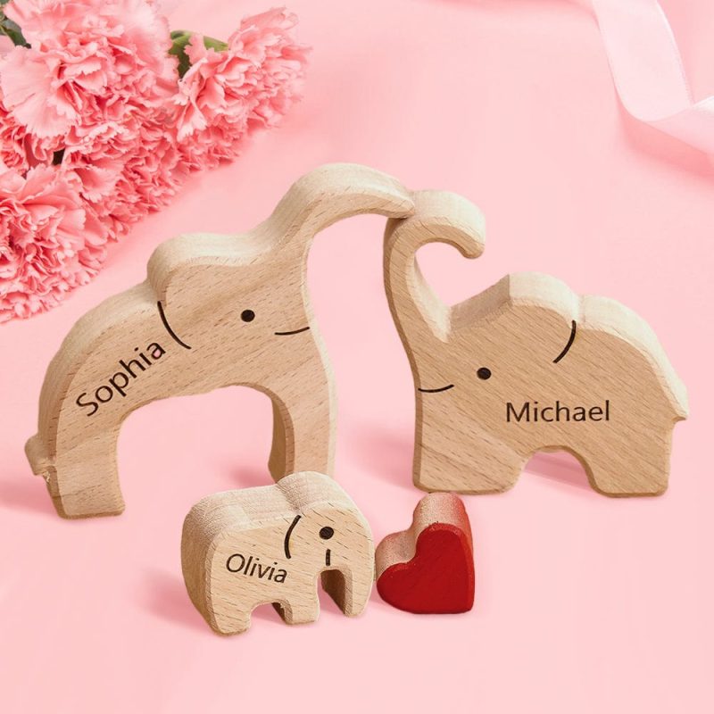 Mother’s Day Gifts Wooden Family Elephant Puzzle Custom Names Home Decor