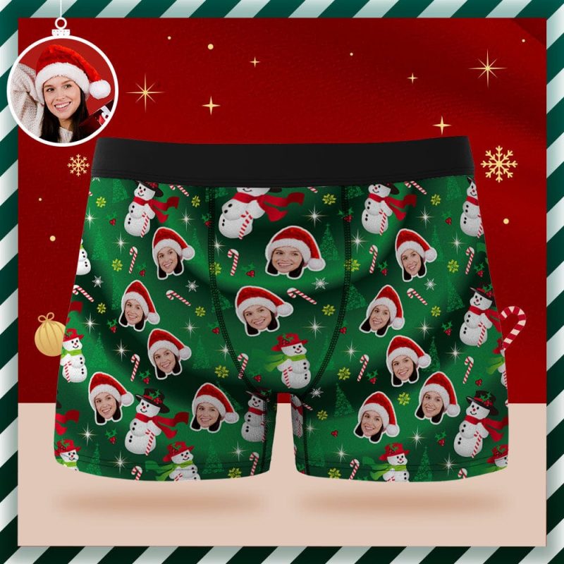 Custom Face Boxer Briefs Personalized Green Underwear Snowman Christmas Gifts for Him