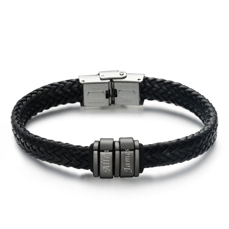 Personalized Bracelet Father’s Day Gift Men’s Leather Bracelet With Kids Name Bracelet 1-6 Charms