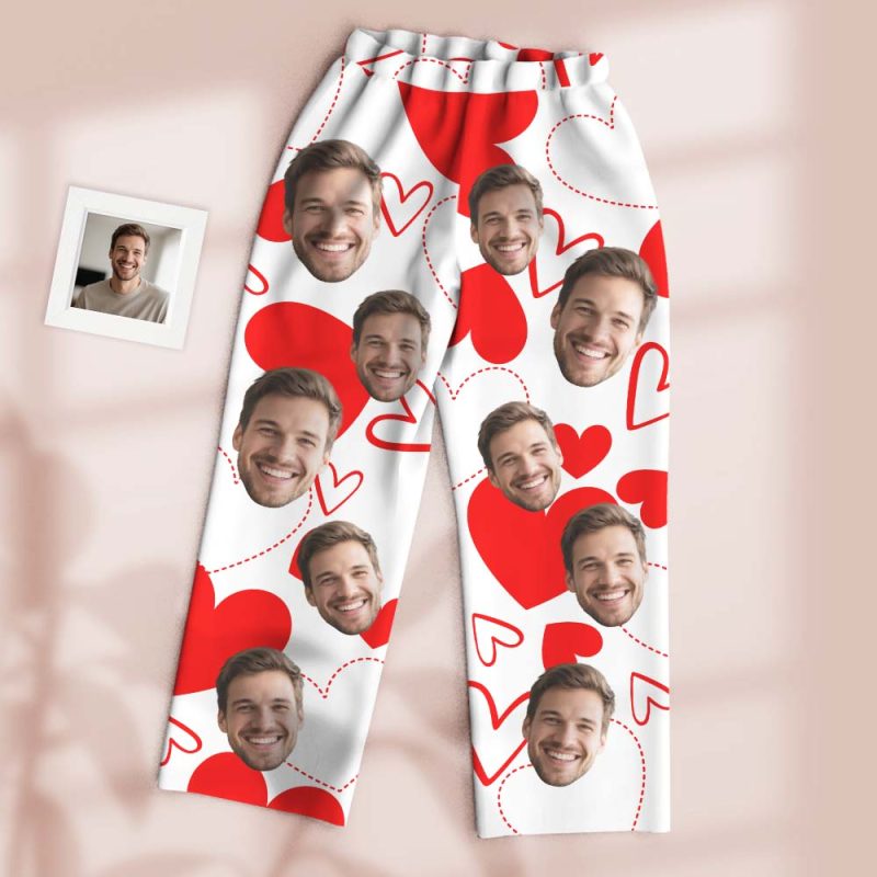 Custom Pajamas Pants White Base Hollow Dotted Line Solid Heart Valentine’s Gift for Her