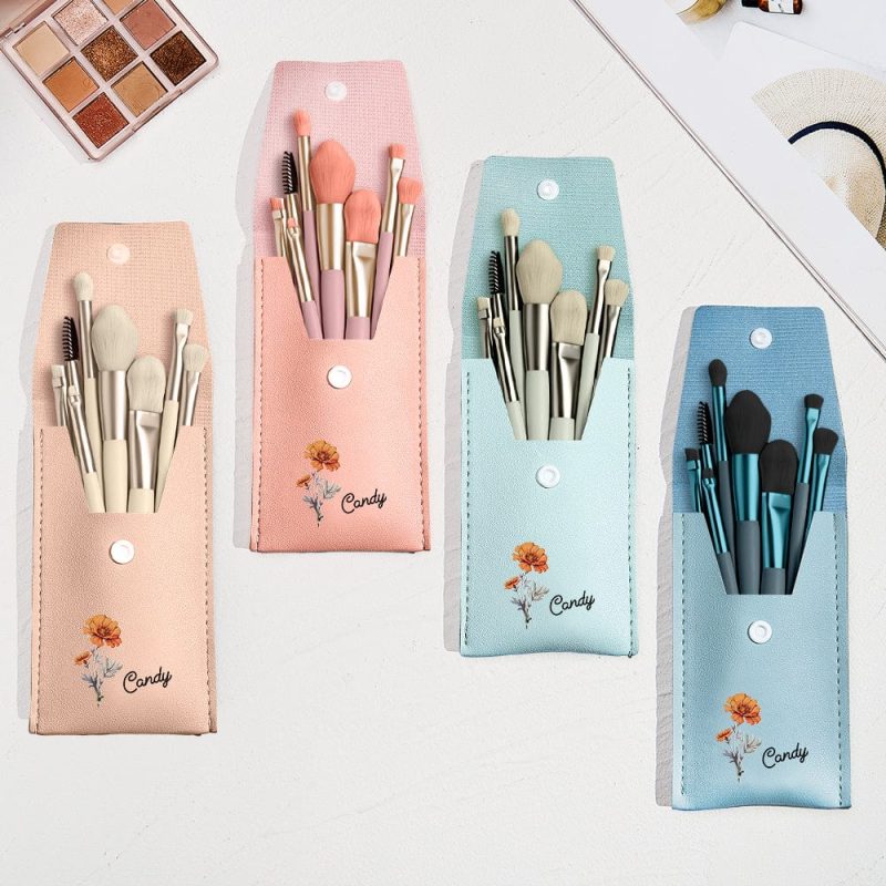 Personalized Birth Flower Leather Makeup Brush Bag with 8 Pcs Makeup Brushes Birthday Wedding Gift