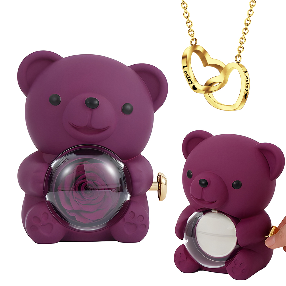 Engraved Heart Necklace with Real Rose Bear Giftbox Rose Shaped Necklace Gift Box Jewellery Gift Box - Image 5
