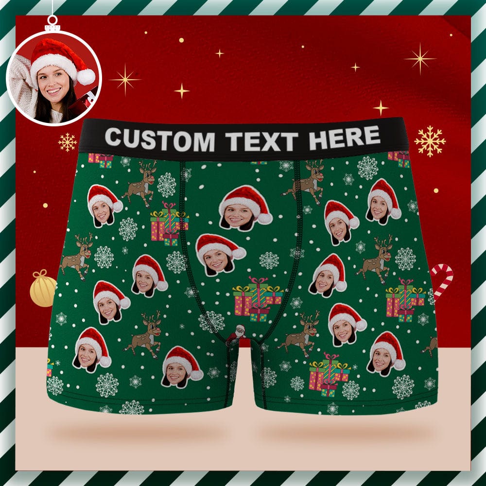 Custom Face Boxer Briefs Personalized Green Underwear Santa Claus and Elk Merry Christmas Gifts for Him - Image 2