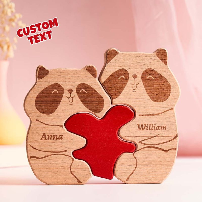 Custom Name Wooden Panda Couple Heart Blocks Valentine’s Day Gifts