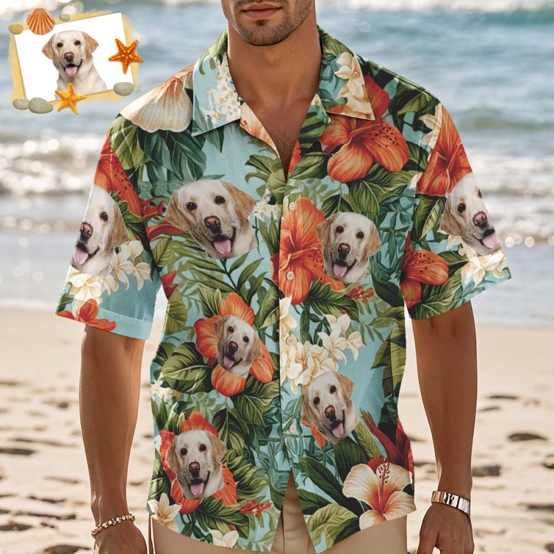 Custom Hawaiian Shirt Red Flowers Personalized Photo Hawaiian Shirt Funny Vacation Party Shirts For Pets LoversUS