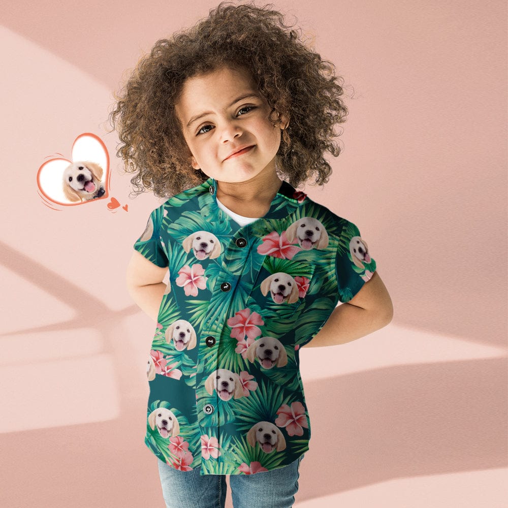 Custom Face Hawaiian Shirt Kid's All Over Print Red Flowers Short Sleeve Shirt - Image 2