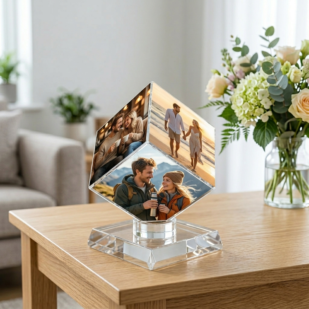 Personalized Rotating Photo Cube, Custom Picture Display Block for Family, Couples & Memory Keepsakes
