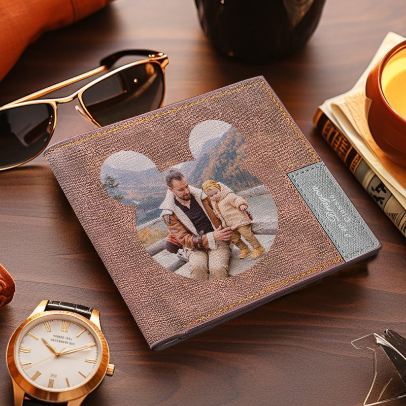 Men’s Wallet Custom Photo Wallet Bifold Short Wallet Brown Color Printing Bear Frame First Father’s Day Gifts