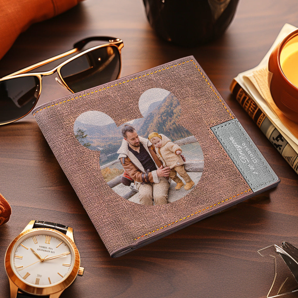 Men's Wallet Custom Photo Wallet Bifold Short Wallet Brown Color Printing Bear Frame First Father's Day Gifts