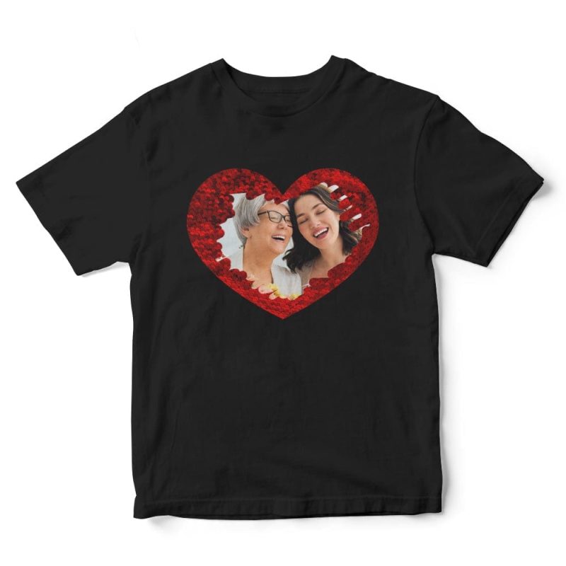Custom Sequin T-Shirt Heart-shaped Photo Sequin Christmas Gift For Mom T-Shirt Mother‘s Day Shirt