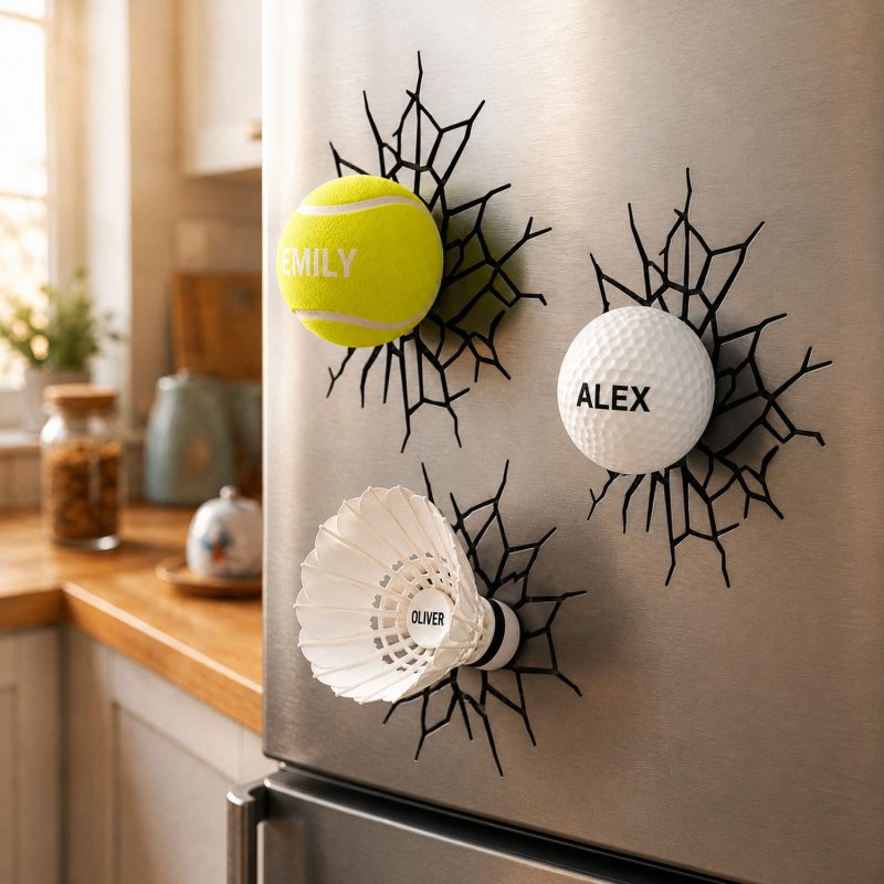 Custom Name Refrigerator Magnet Set – Golf, Tennis & Badminton Ball Magnets for Father’s Day Gift