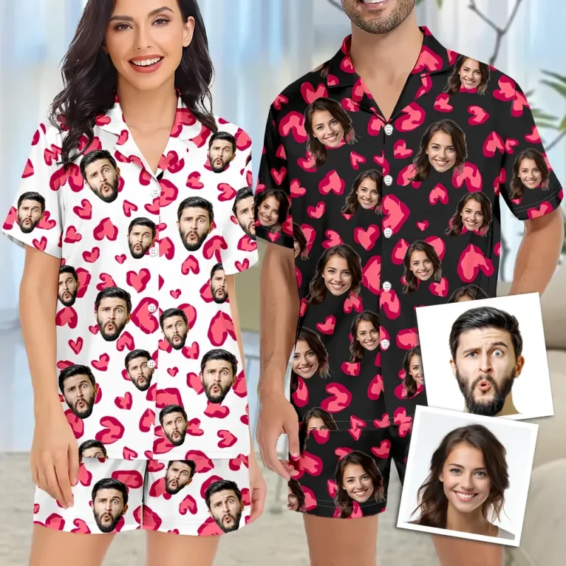 Custom Face Short Sleeve Pajamas Custom Red Heart Photo Pajamas Suit