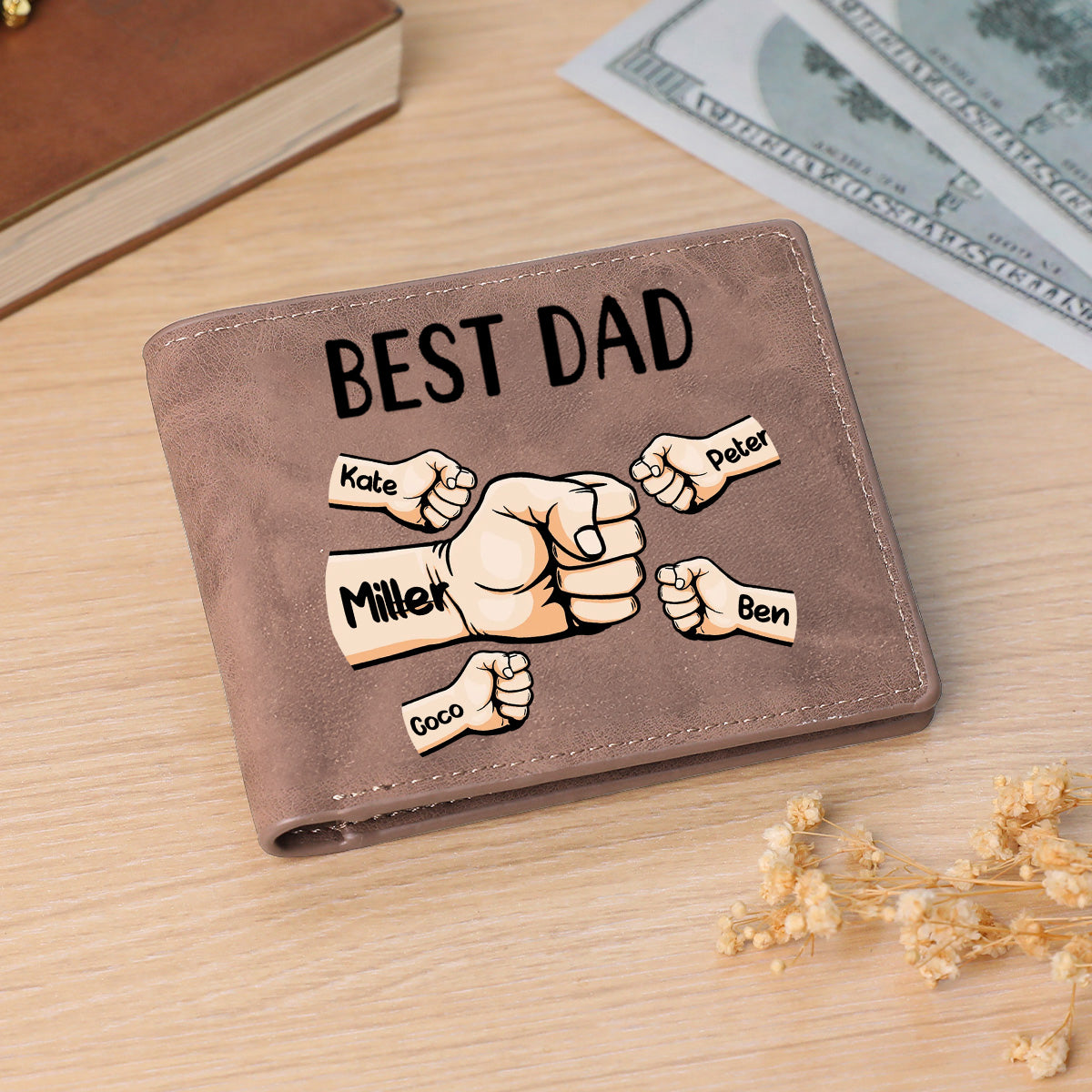 Personalized Names Custom Wallet Fists Bump Men's Bifold Wallet for Dad - Image 2