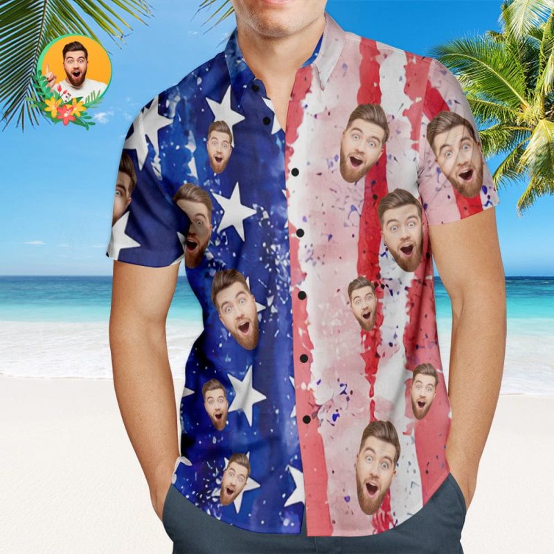 Custom Face Men’s Patriotic Hawaiian Shirt USA Flag Casual Breathable Short Sleeve Hawaiian Shirt
