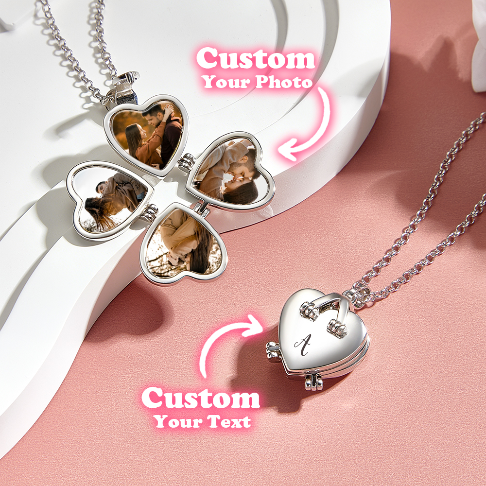 Custom Heart Locket Necklace with 4 Photos, Initial Folding Four Leaf Clover Design, Personalized Love Gift for Her - Image 4