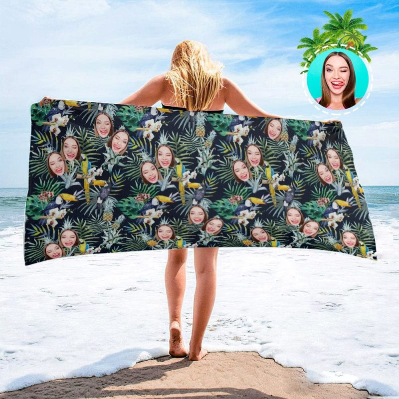 Personalized Beach Towels with Photo Custom Leaves and Birds Beach Towel