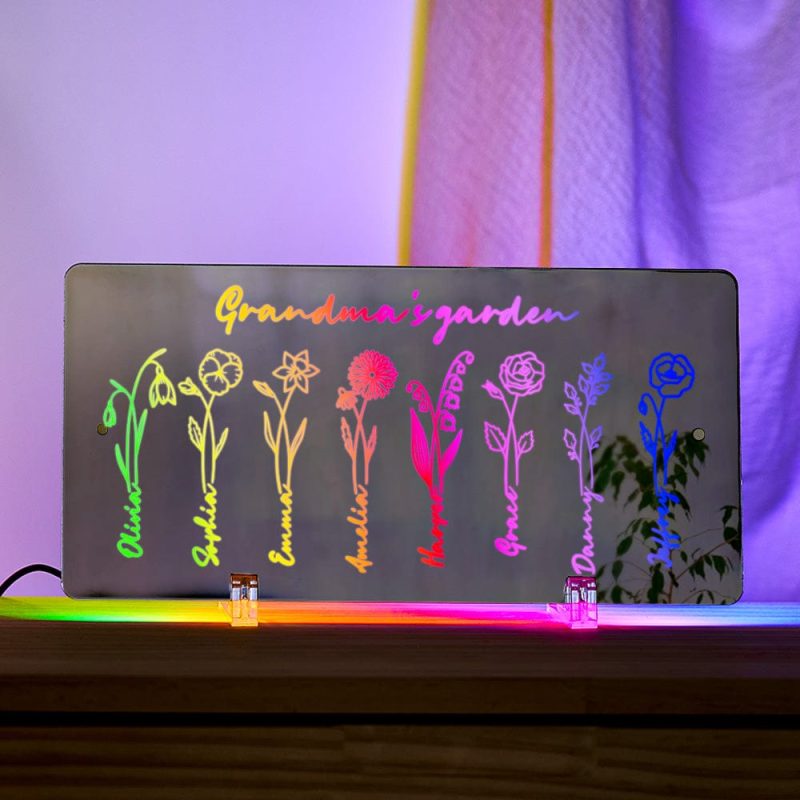 Personalized LED Name Mirror Light Grandma’s Garden Sign with Birth Month Flower