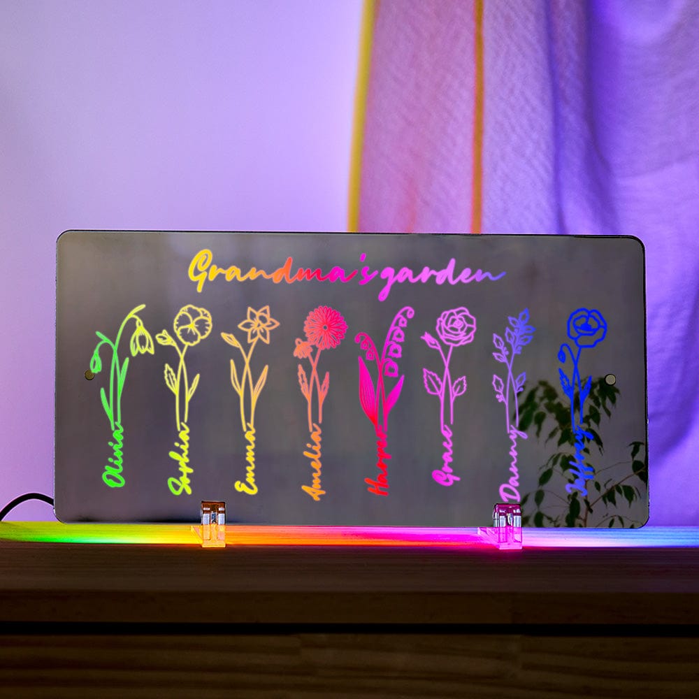 Personalized LED Name Mirror Light Grandma's Garden Sign with Birth Month Flower
