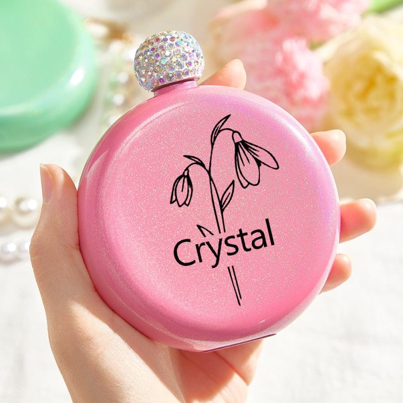 Personalized Birth Flower Round Flasks with Name 5oz Glitter Flask Wedding Birthday Gift for Her