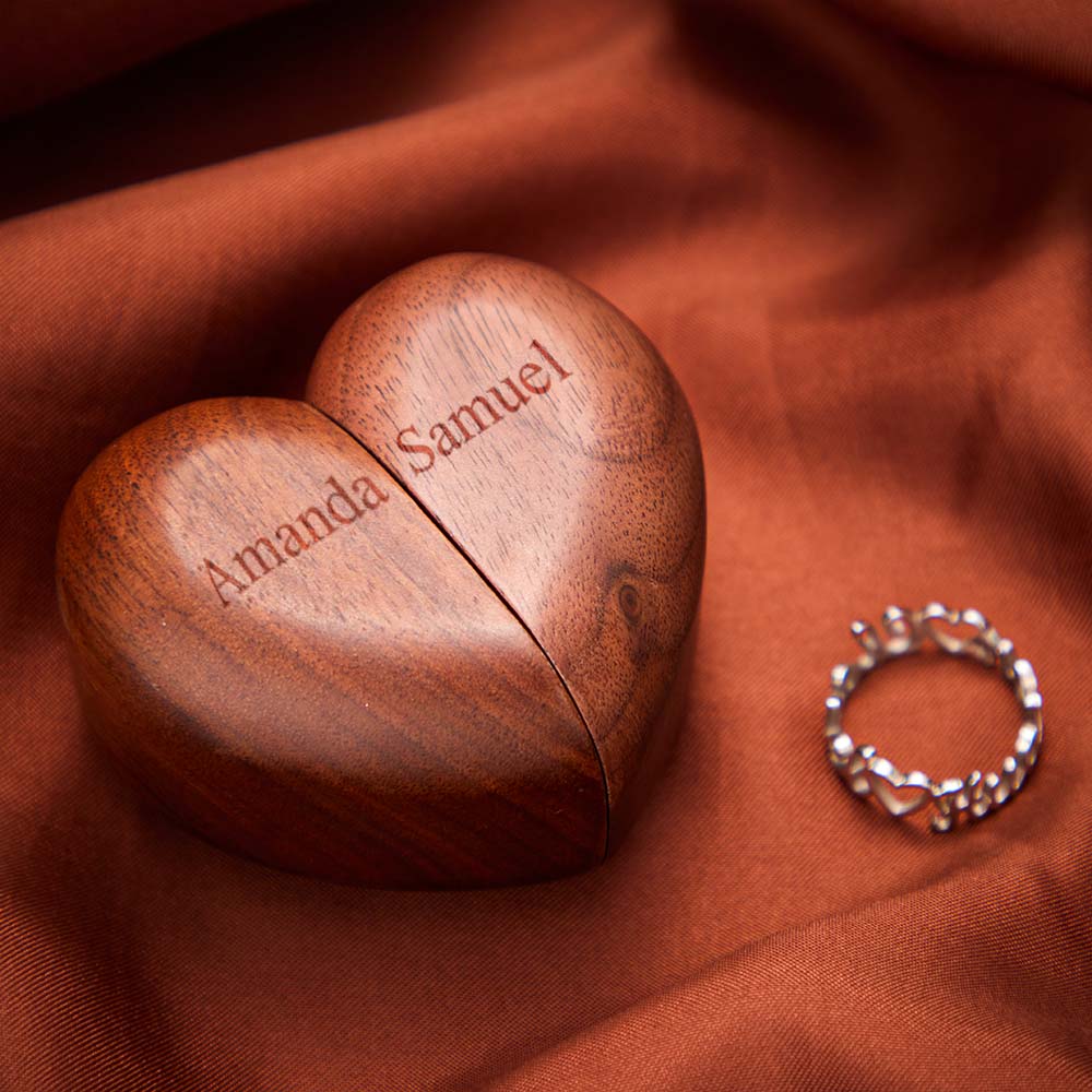 Personalized Heart-Shaped Engraved Ring Box Wooden Double Rings Wedding Ring Holder - Image 2