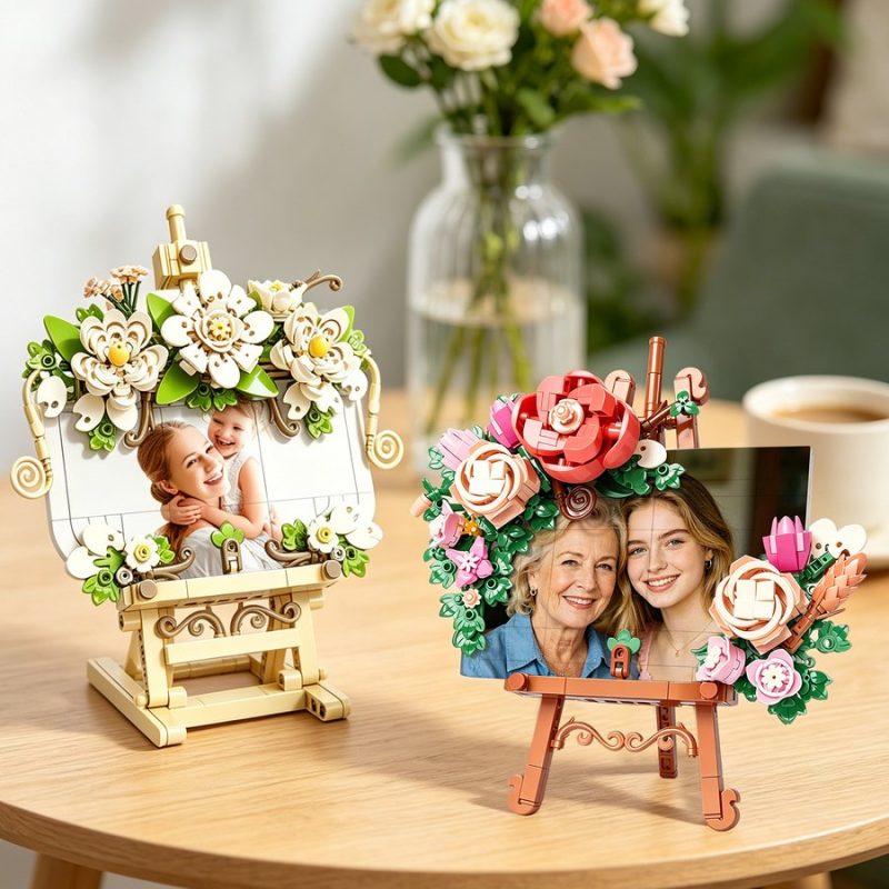 Custom Photo Building Block Display Stand With Decorative Flower Bricks Personalized Diy Couple Gift Handmade Keepsake 6