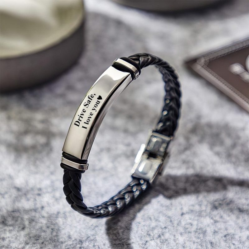 Custom Engraved Leather Bracelet Men’s Bracelet – Drive Safe