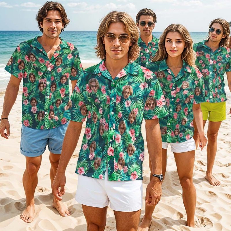 Custom Logo Leaves & Flowers Hawaiian Shirt with Face And Beach Shorts Set Personalized Men’s Photo All Over Print Set Vacation Party Gift for Company