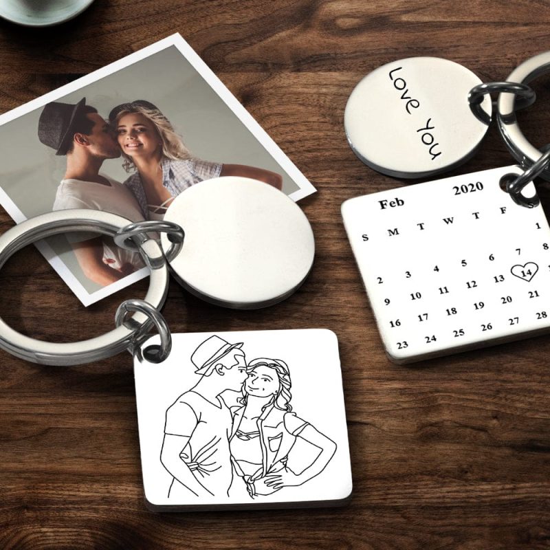 Custom Anniversary Keychain Line Drawing Keychain Custom Date and Photo Valentine’s Day Gift