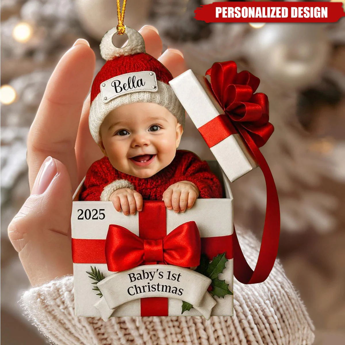 Personalized Baby Photo Christmas Gift Box Ornament - Image 2