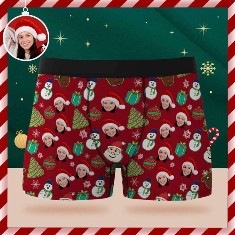 Custom Face Boxer Briefs Personalized Red Underwear Santa Claus Snowman and Elk Merry Christmas Gift for Him