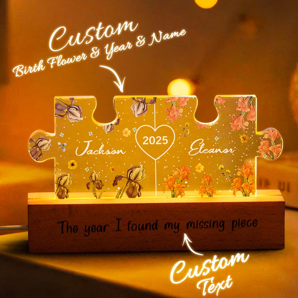Personalized Couple Puzzle LED Night Light with Birth Flower Night Light Anniversary Gifts for Lover - Image 4