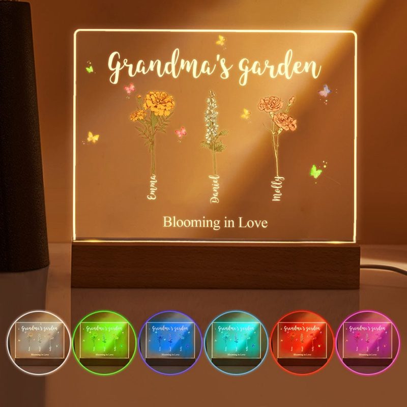 Custom Birth Flowers Night Light Grandma’s Garden Acrylic Lamp Gifts for Mom Grandma