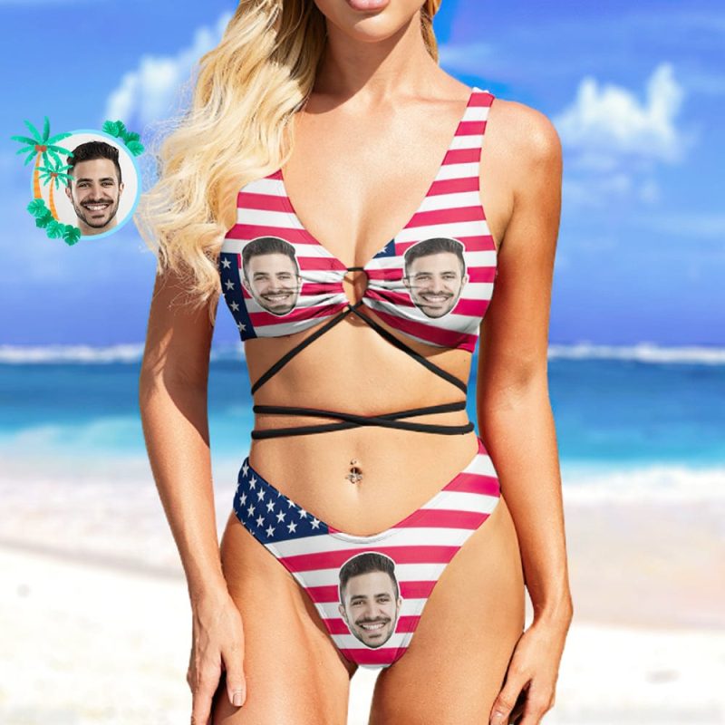 Custom Face Bikini Swimming Costume Women’s Chest Strap Bathing Suit Personalized Photo Bikini Gift – American Flag