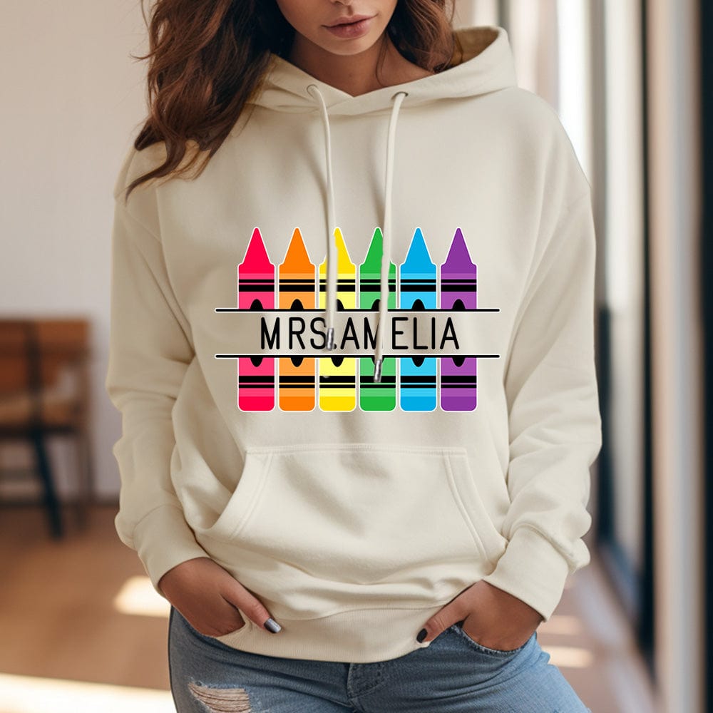 Personalized Crayon Hooded Sweatshirt Teacher Custom Name Hooded Sweatshirt Back to School Gifts - Image 5
