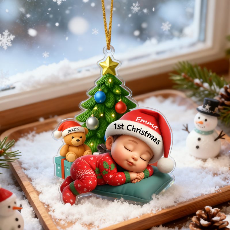 Sleeping Baby in Christmas Pajama Personalized Acrylic Ornament Baby’s 1st Christmas